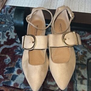 Christian Siriano Women’s Tan Suede Ankle Tie Wrap ,golden buckle 6.5/36